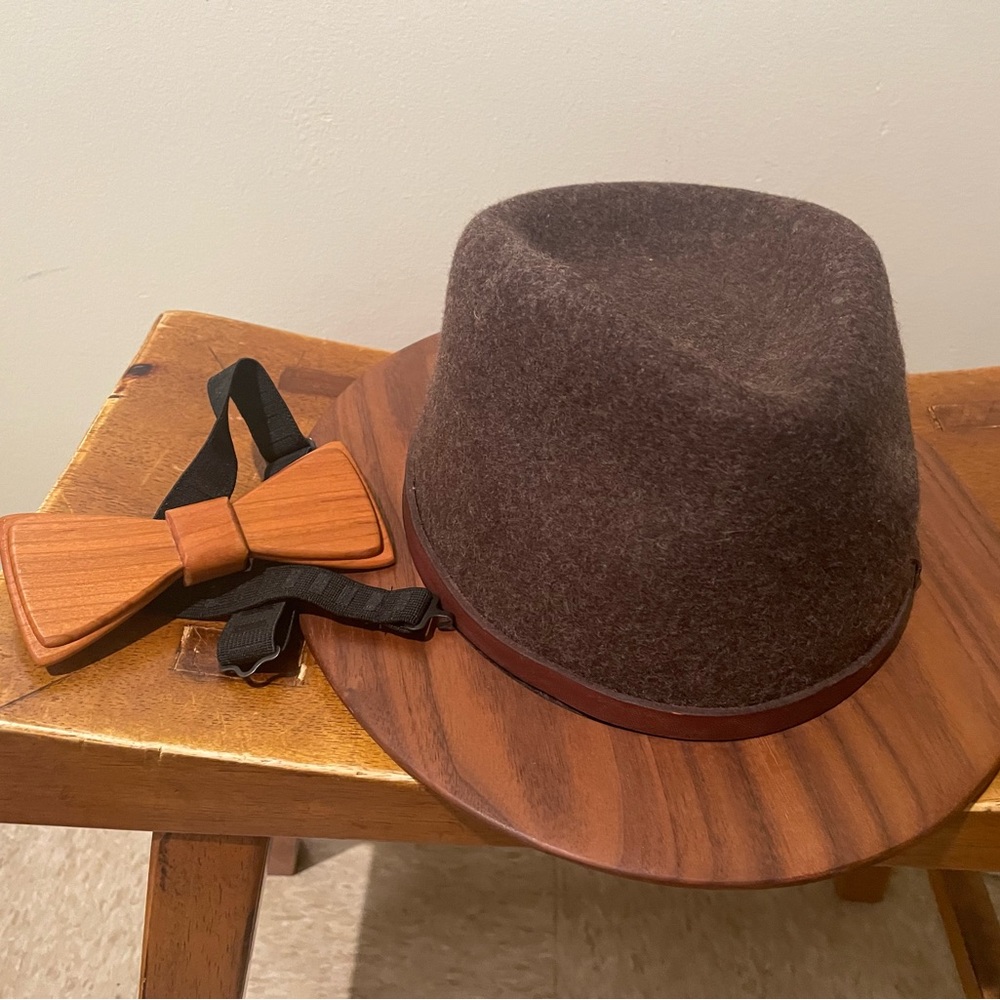 Two Guys Wooden Fedora Hat and Bowtie